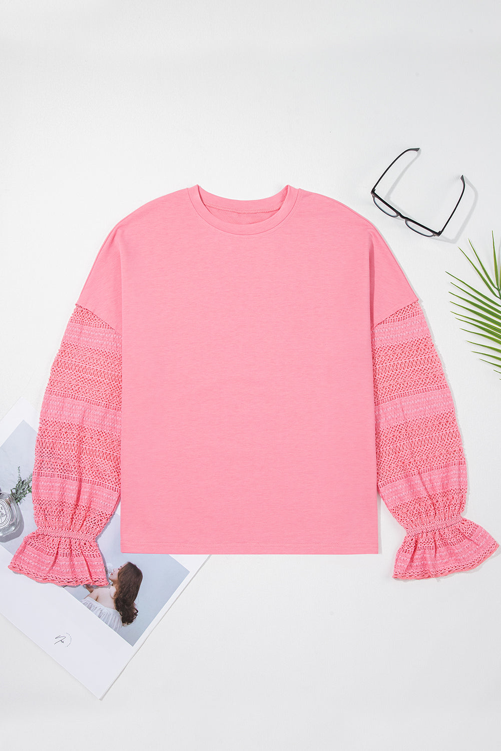 Sachet Pink Drop Shoulder Lace Ruffled Sleeve Patchwork Loose Sweatshirt