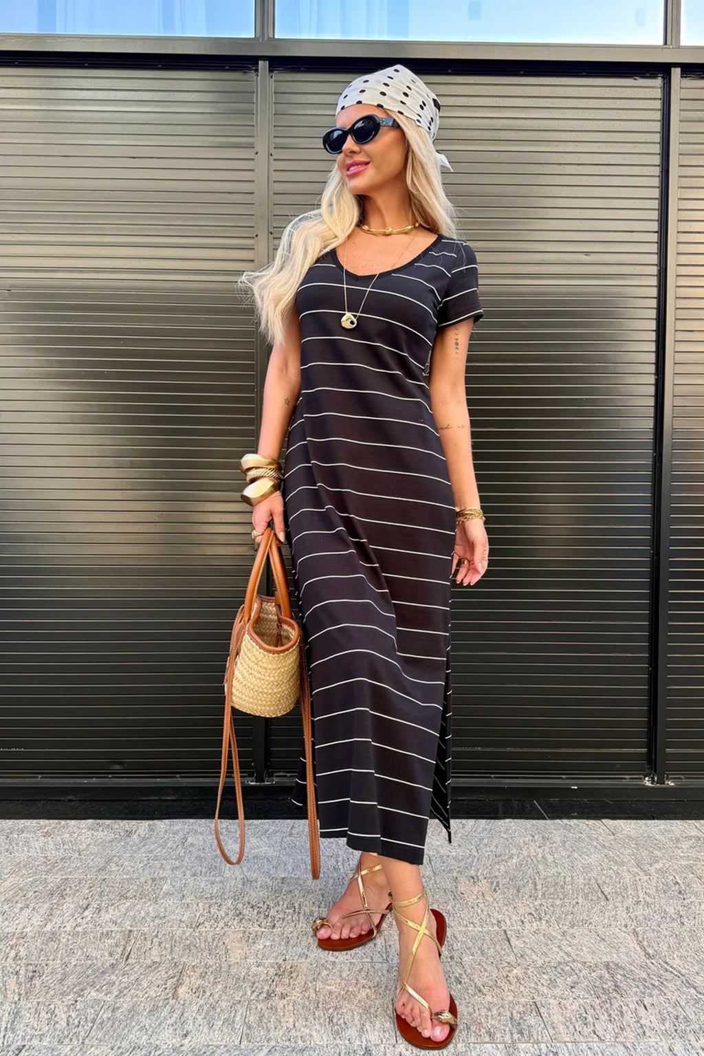 Khaki Stripe Casual Short Sleeve Side Slit Maxi T Shirt Dress