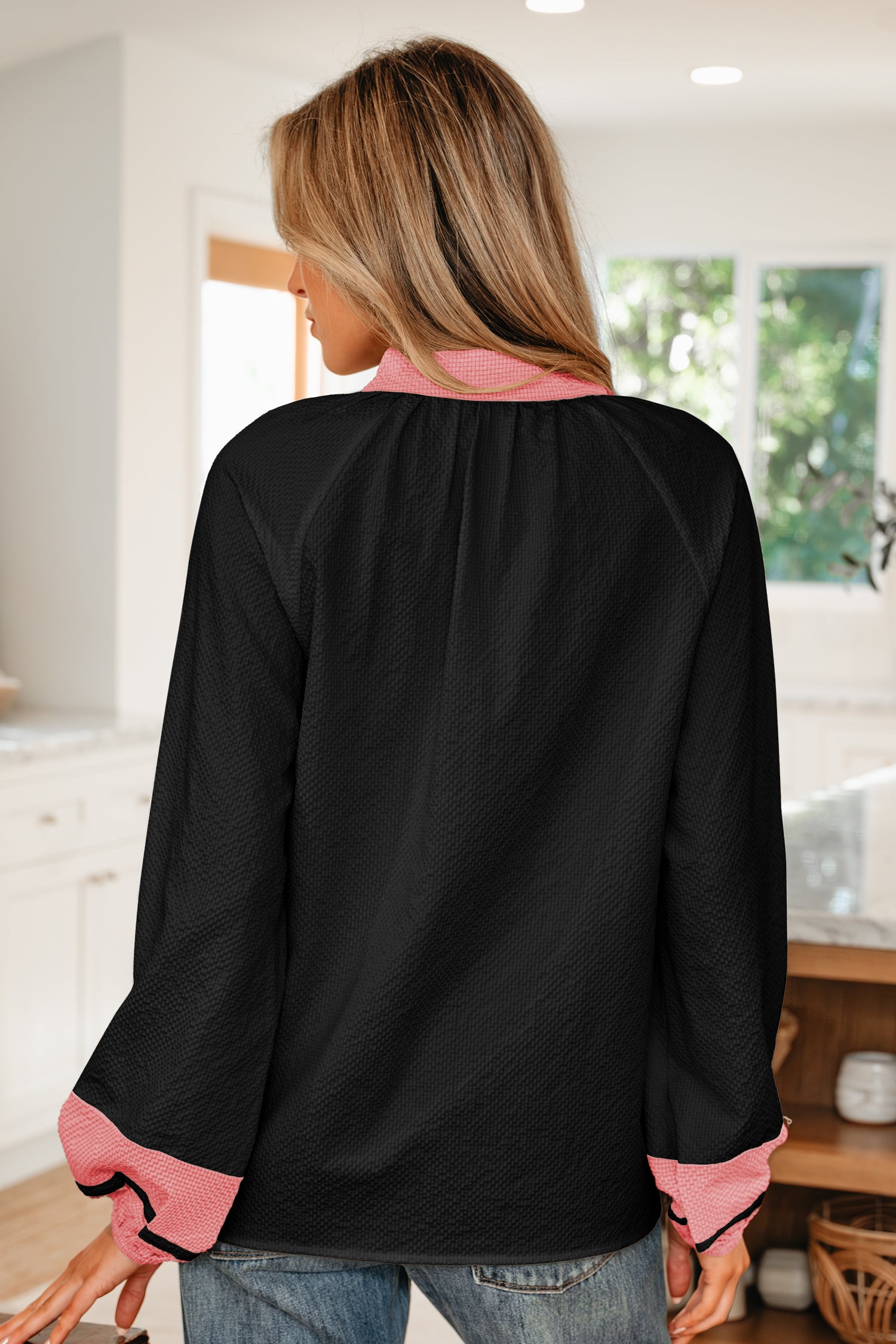 Jet Stream Color Block Patchwork Detail V Neck Textured Long Sleeve Blouse