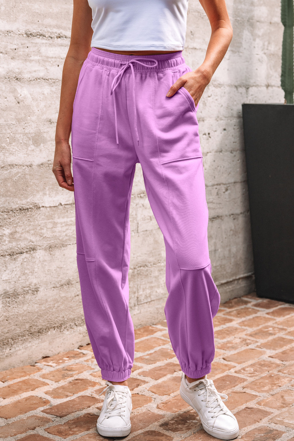 Light Pink Drawstring Elastic Waistband Solid Color Jogger Pants