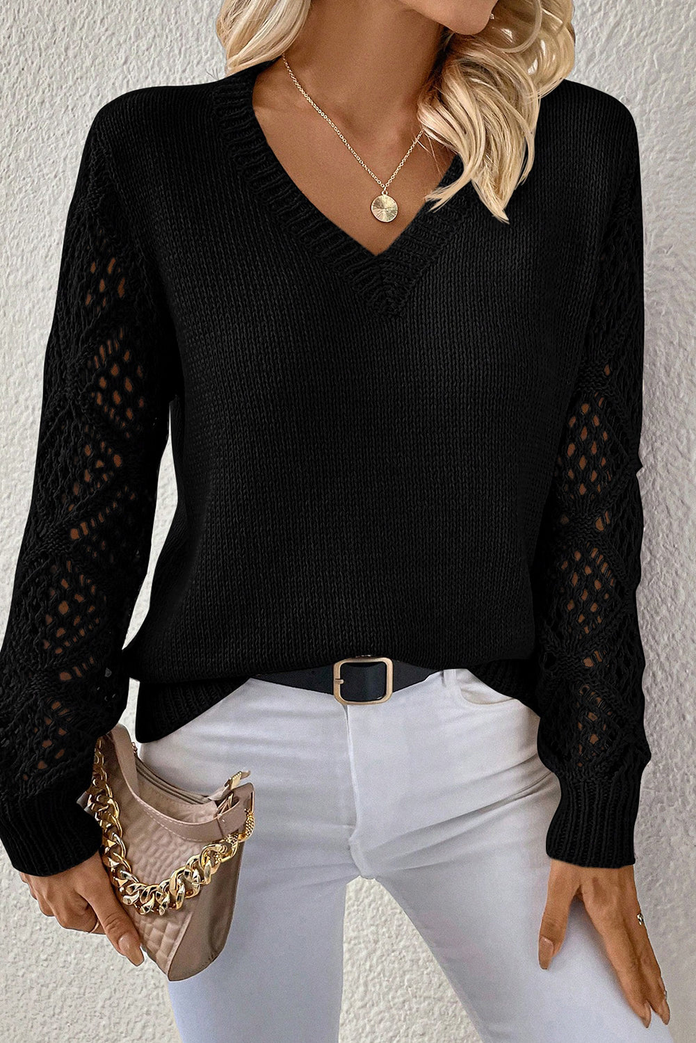 Beau Blue Solid V Neck Pointelle Knit Sleeve Patchwork Sweater