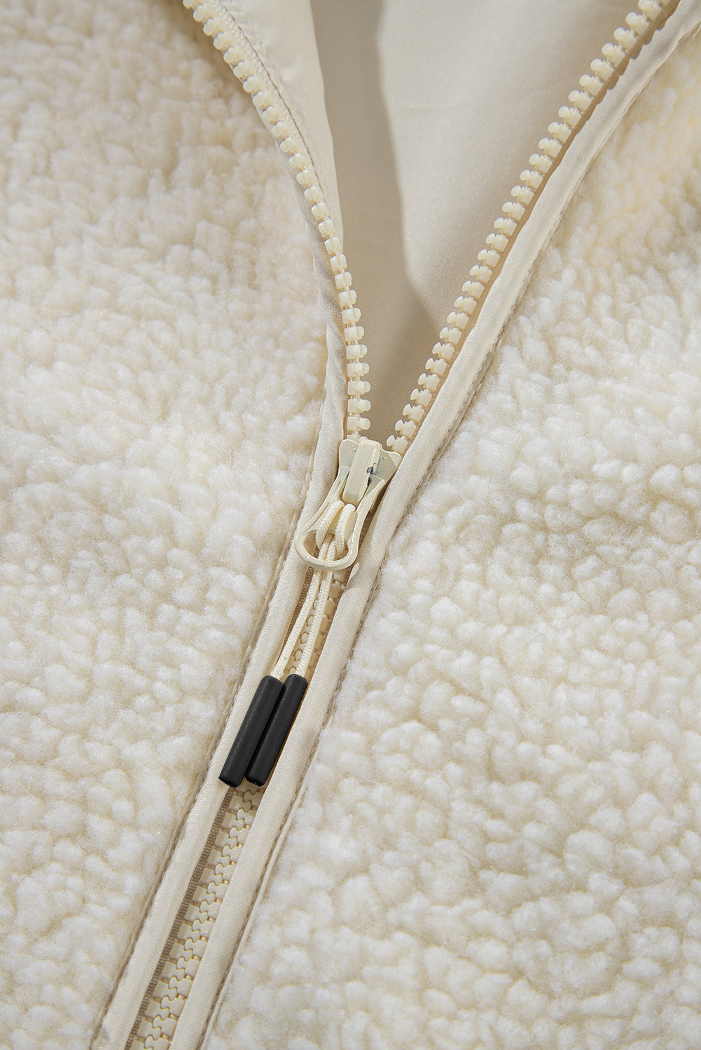 Beige Fleece Zip-up Drawstring Hooded Pocketed Jacket