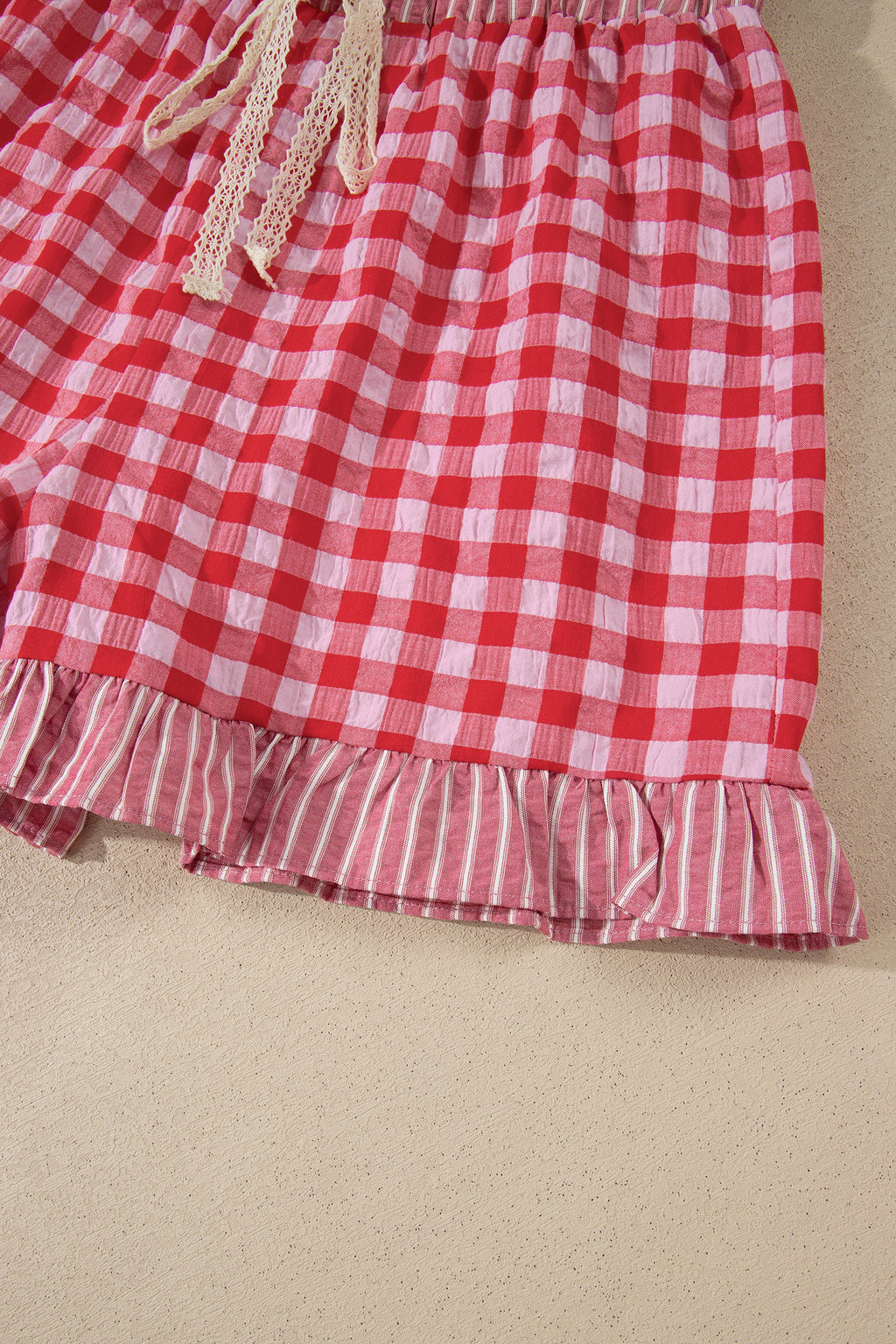 Pink Gingham Print Ruffle Striped Detail Lace Tie Shorts
