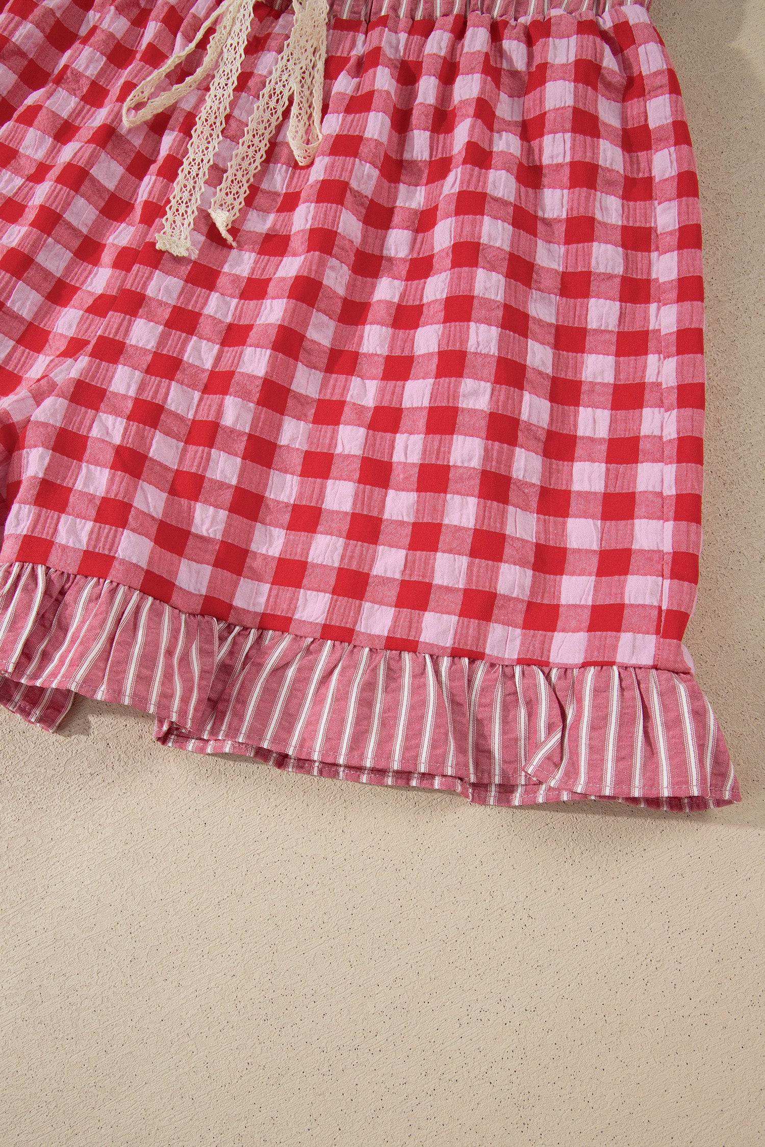 Pink Gingham Print Ruffle Striped Detail Lace Tie Shorts