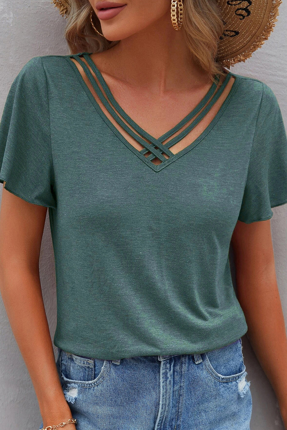 Black Crisscross V Neck Butterfly Sleeve T Shirt