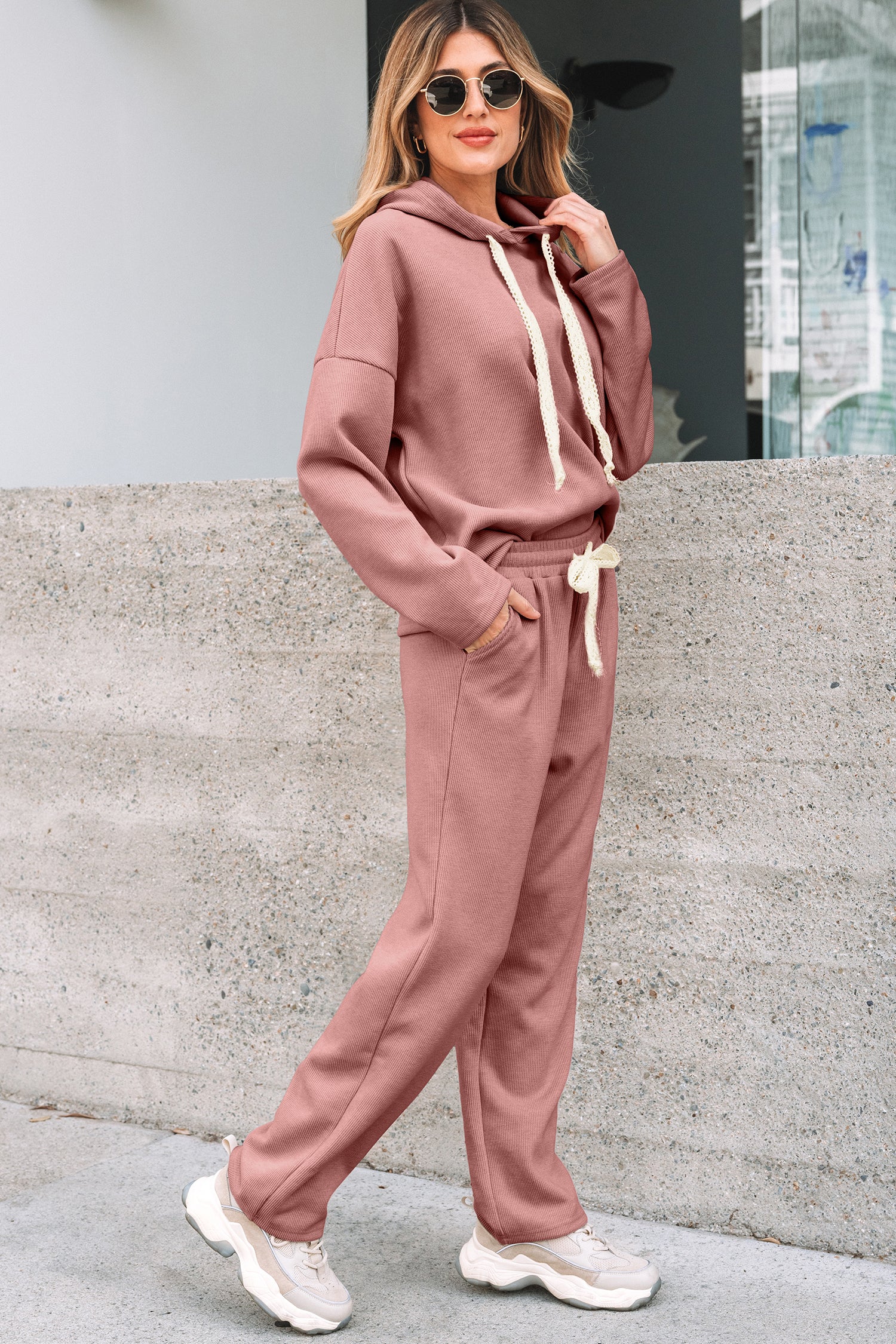 Dark Khaki Leopard Drawstring Pullover Hoodie and High Waist Pants Corduroy Suit
