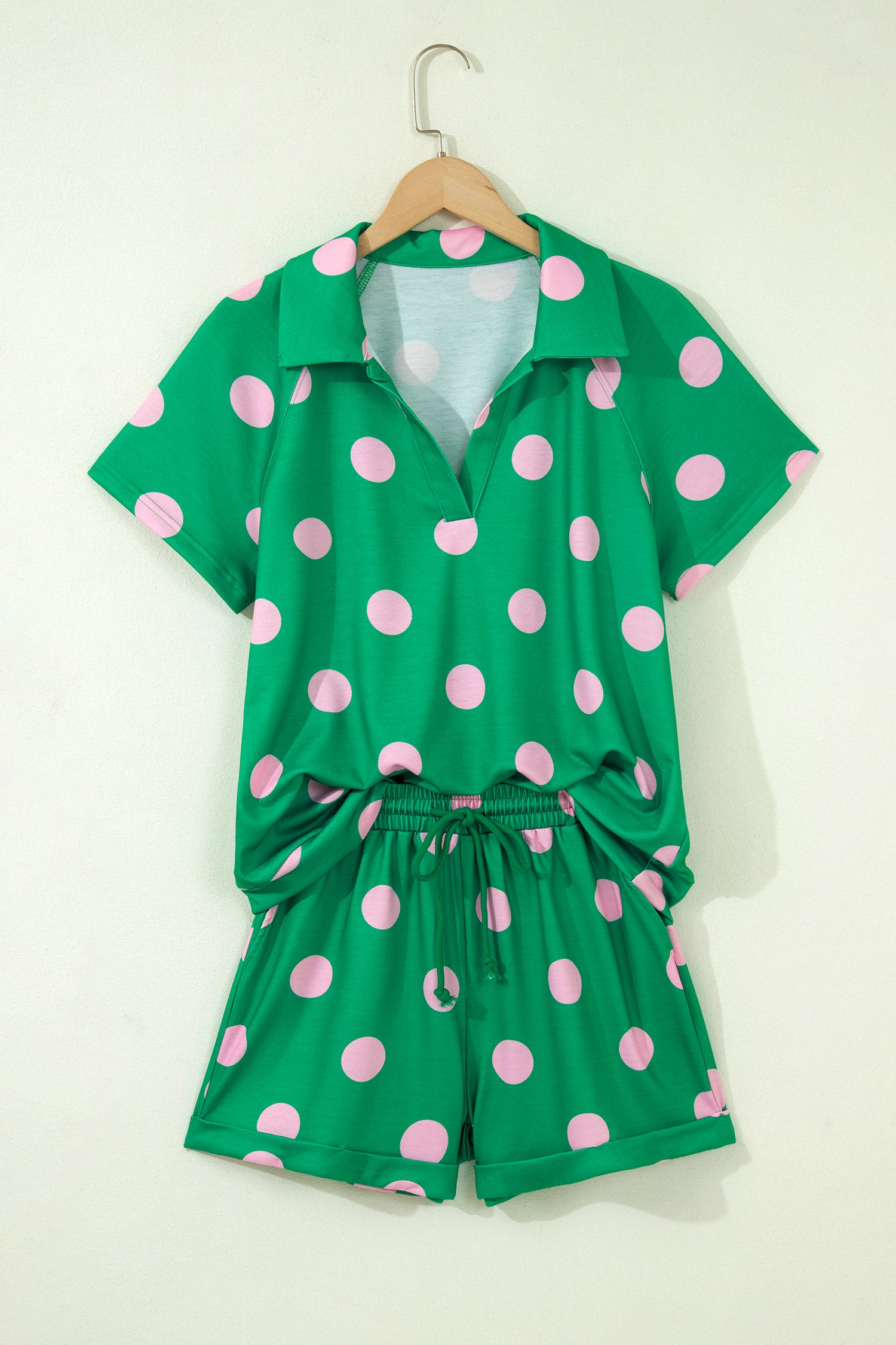 Beige Polka Dot Print V Neck Tee Short Set