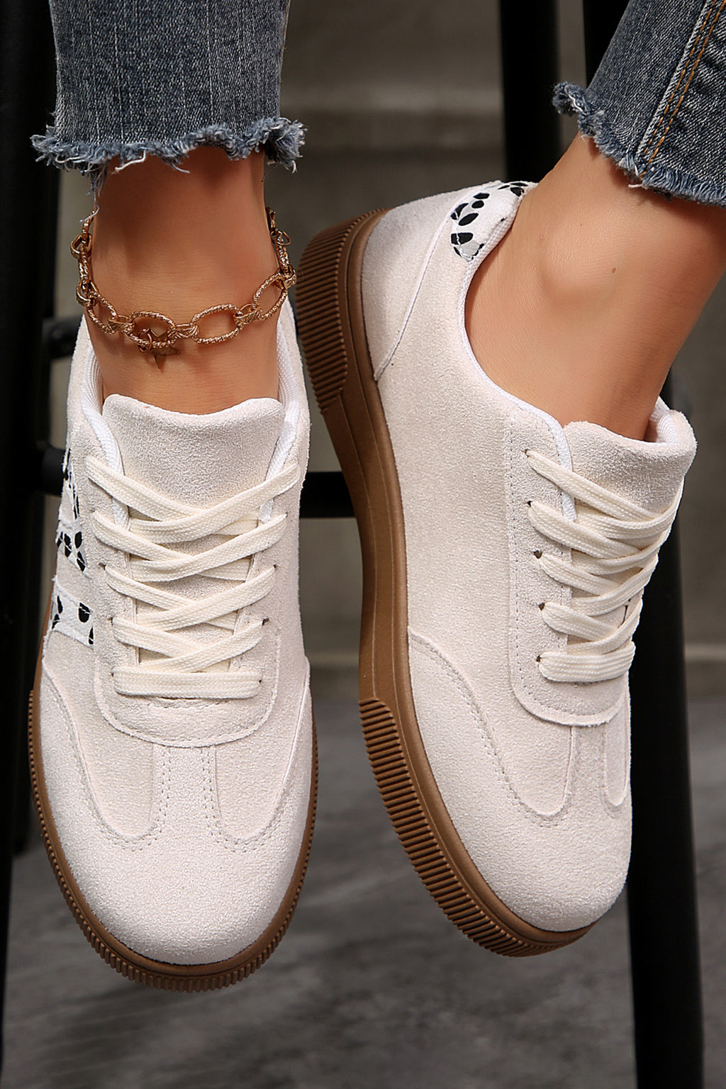 White Suede Leopard Color Block Trim Lace Up Casual Shoes