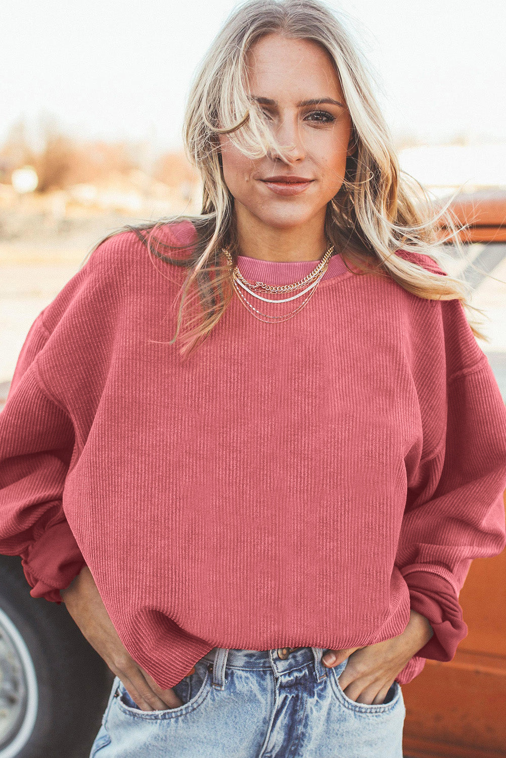 Festival Fuchsia Ribbed Corduroy Oversized Sweatshirt