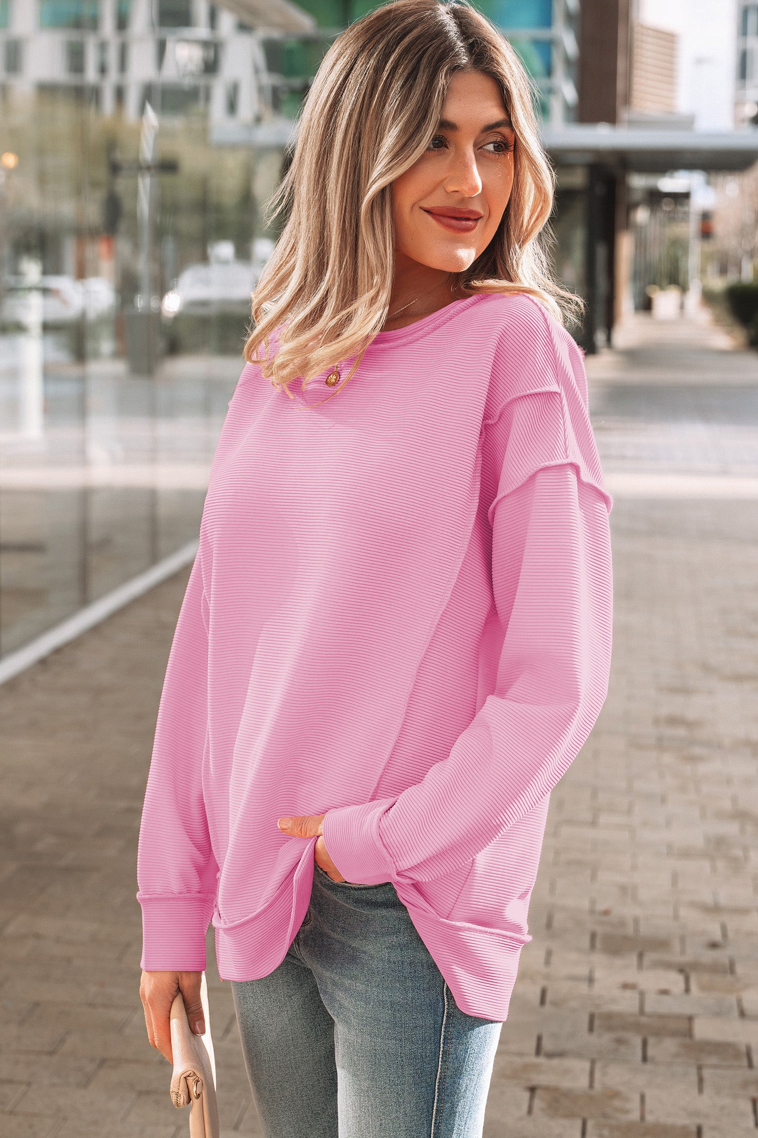 Sea Green Horizontal Ribbed Exposed Seam Detail Drop Shoulder Baggy Pullover