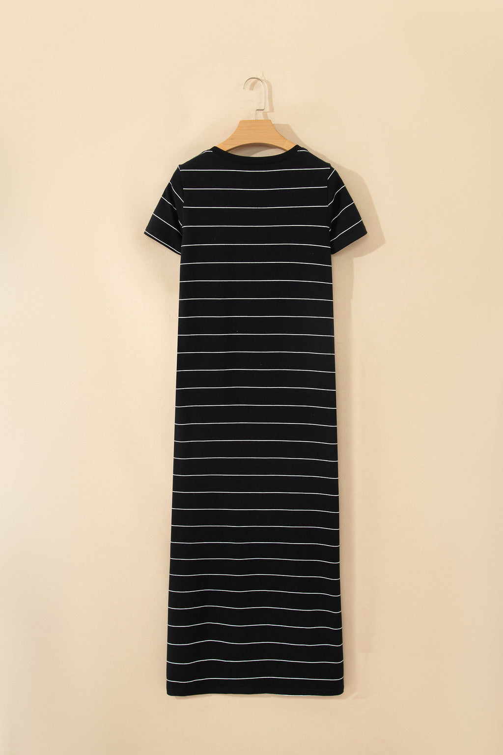 Khaki Stripe Casual Short Sleeve Side Slit Maxi T Shirt Dress
