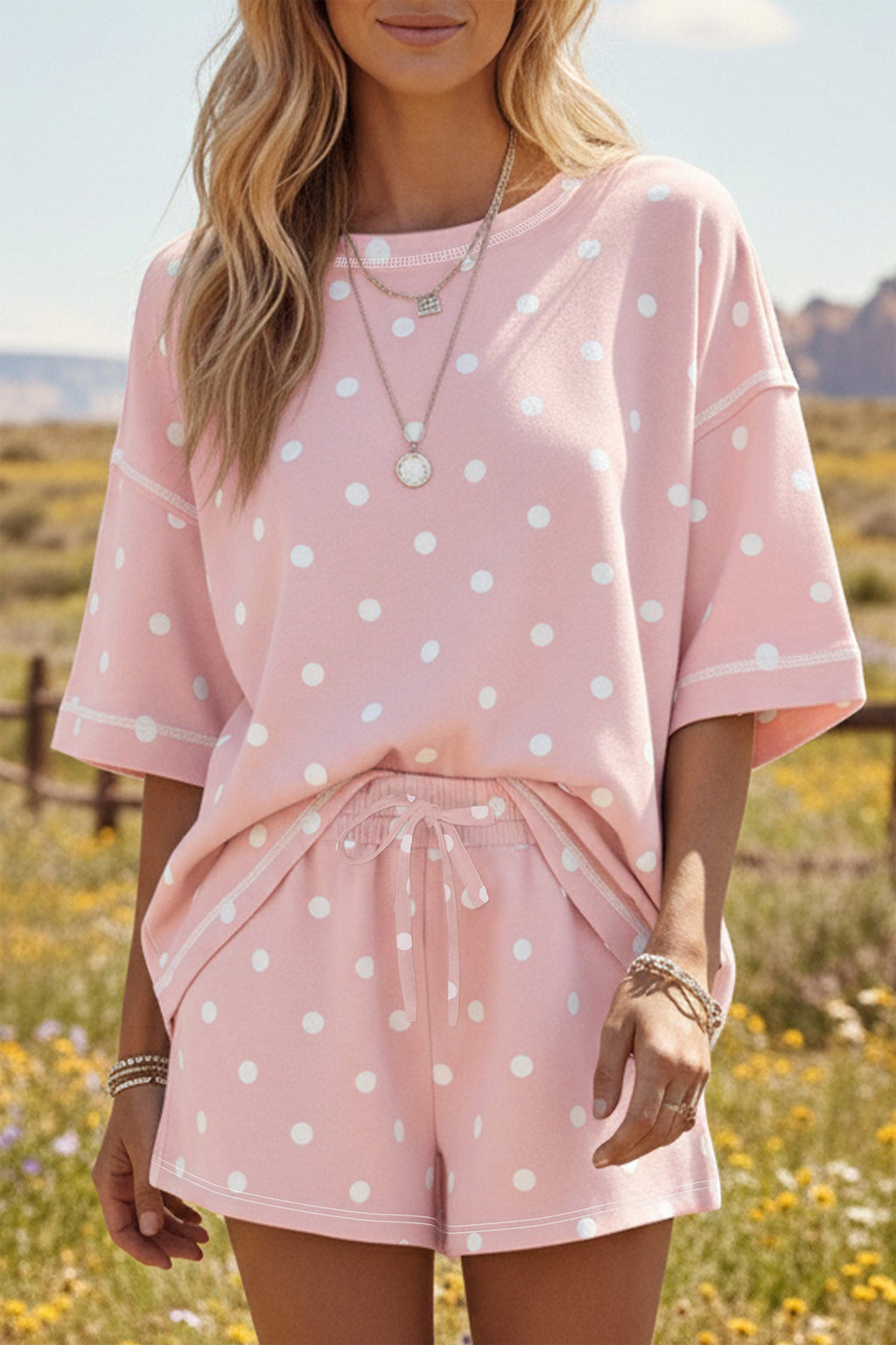 White Exposed Seam Detail Polka Dot Loose Tee Drawstring Shorts Set