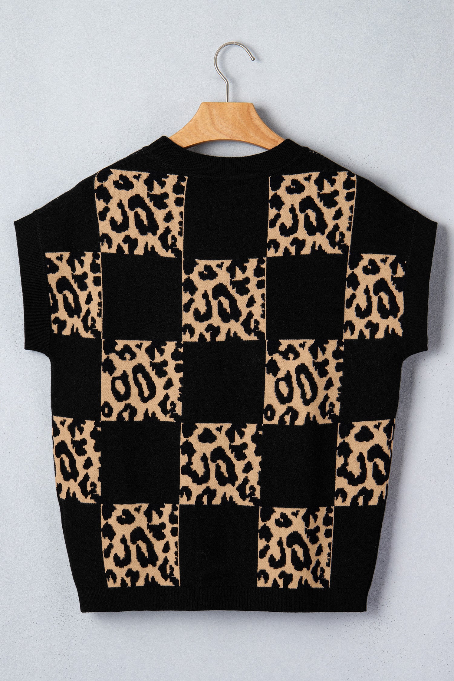 Green Leopard Checkerboard Short Sleeve Knit Sweater