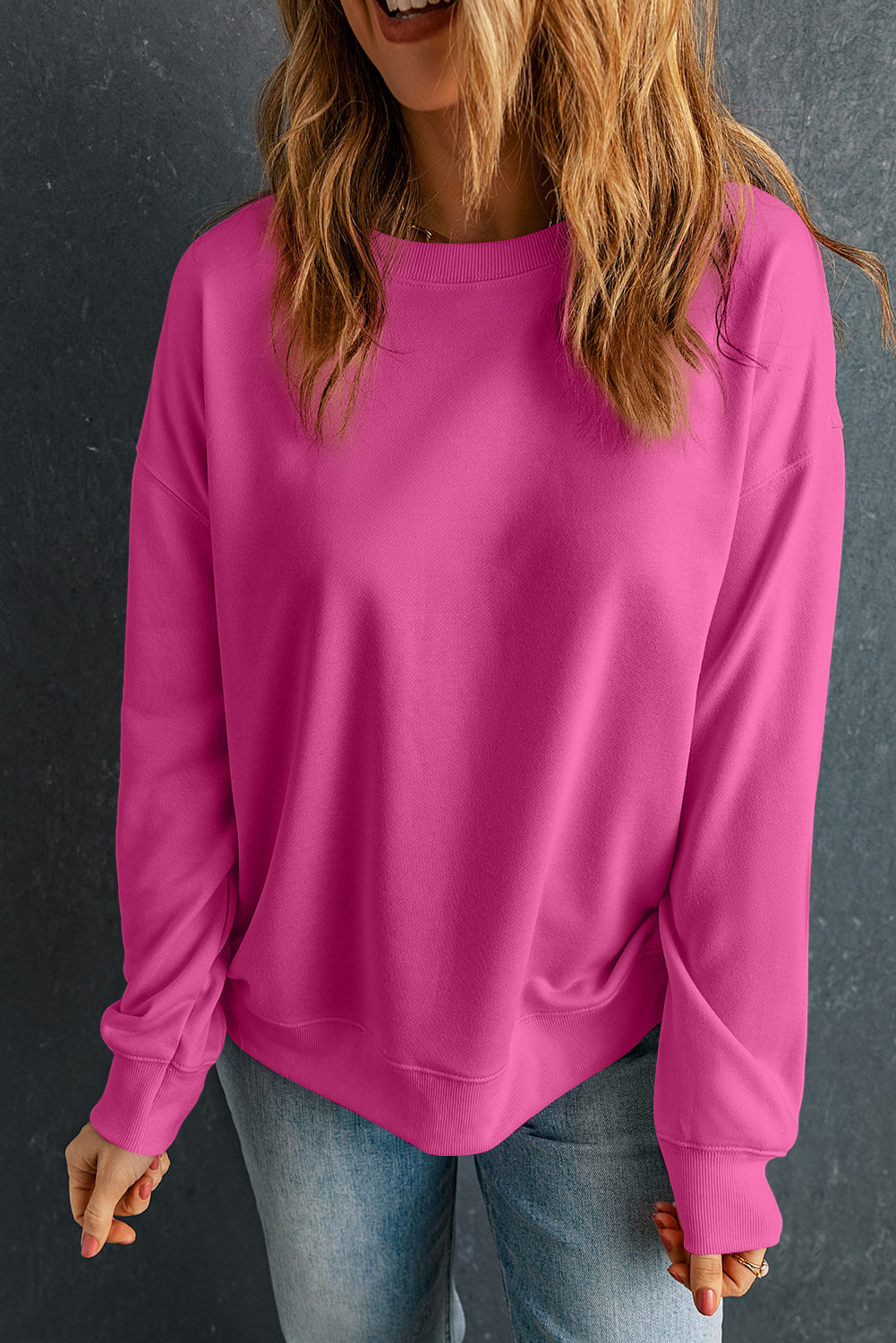 Pink Solid Classic Crewneck Pullover Sweatshirt