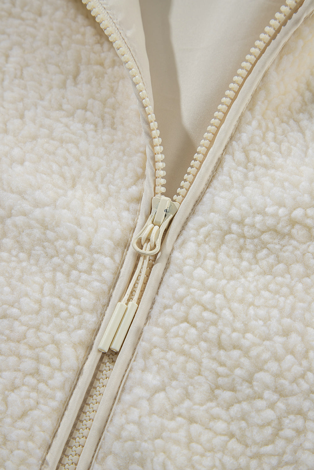 Beige Fleece Zip-up Drawstring Hooded Pocketed Jacket