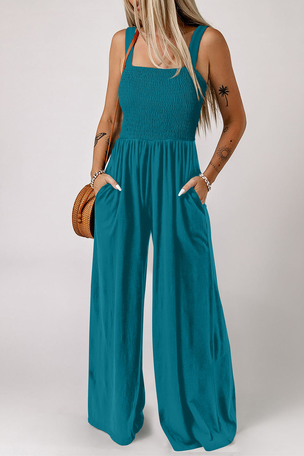 Purple Orchid Smocked Square Neck Sleeveless Jumpsuit with Pockets