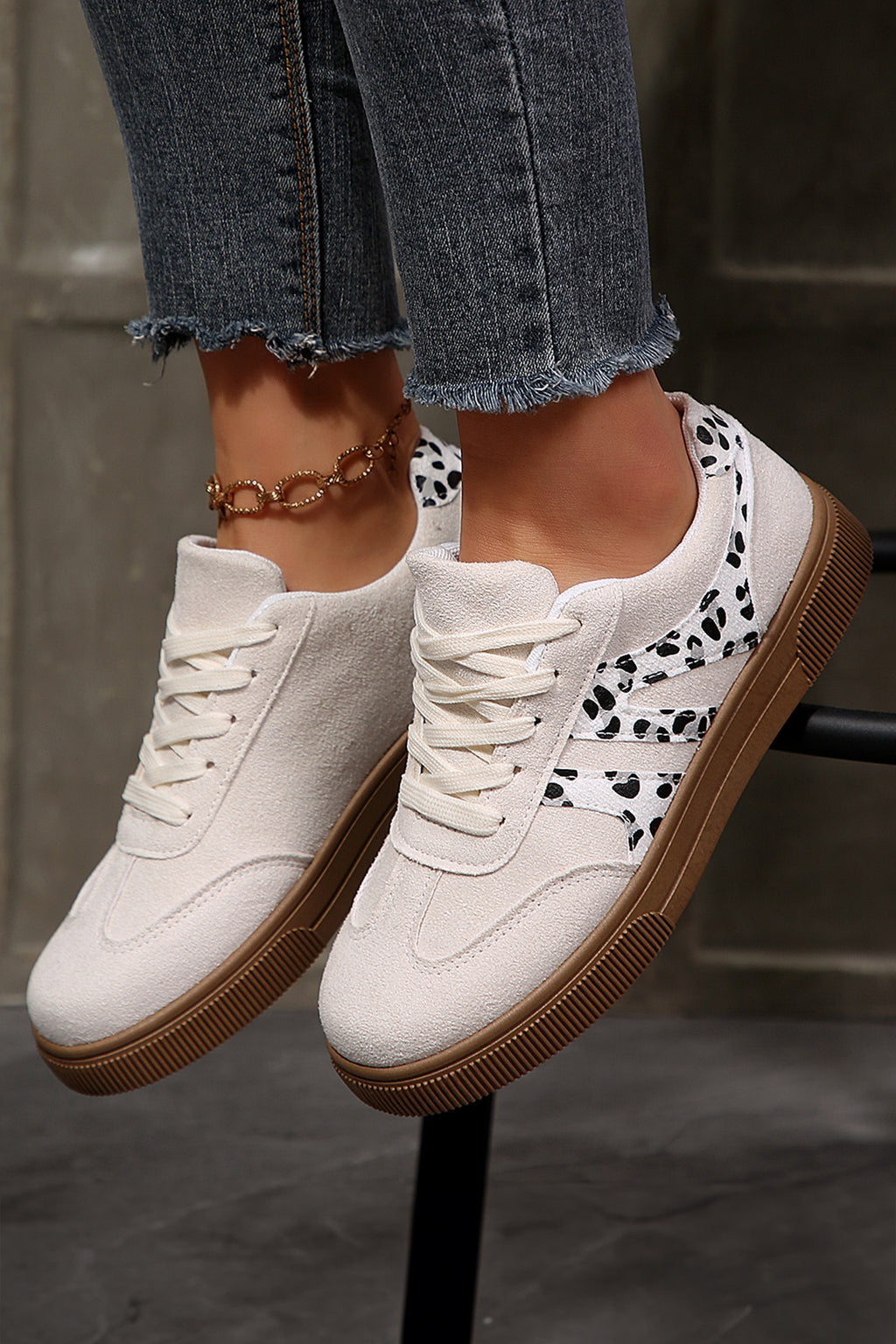 White Suede Leopard Color Block Trim Lace Up Casual Shoes