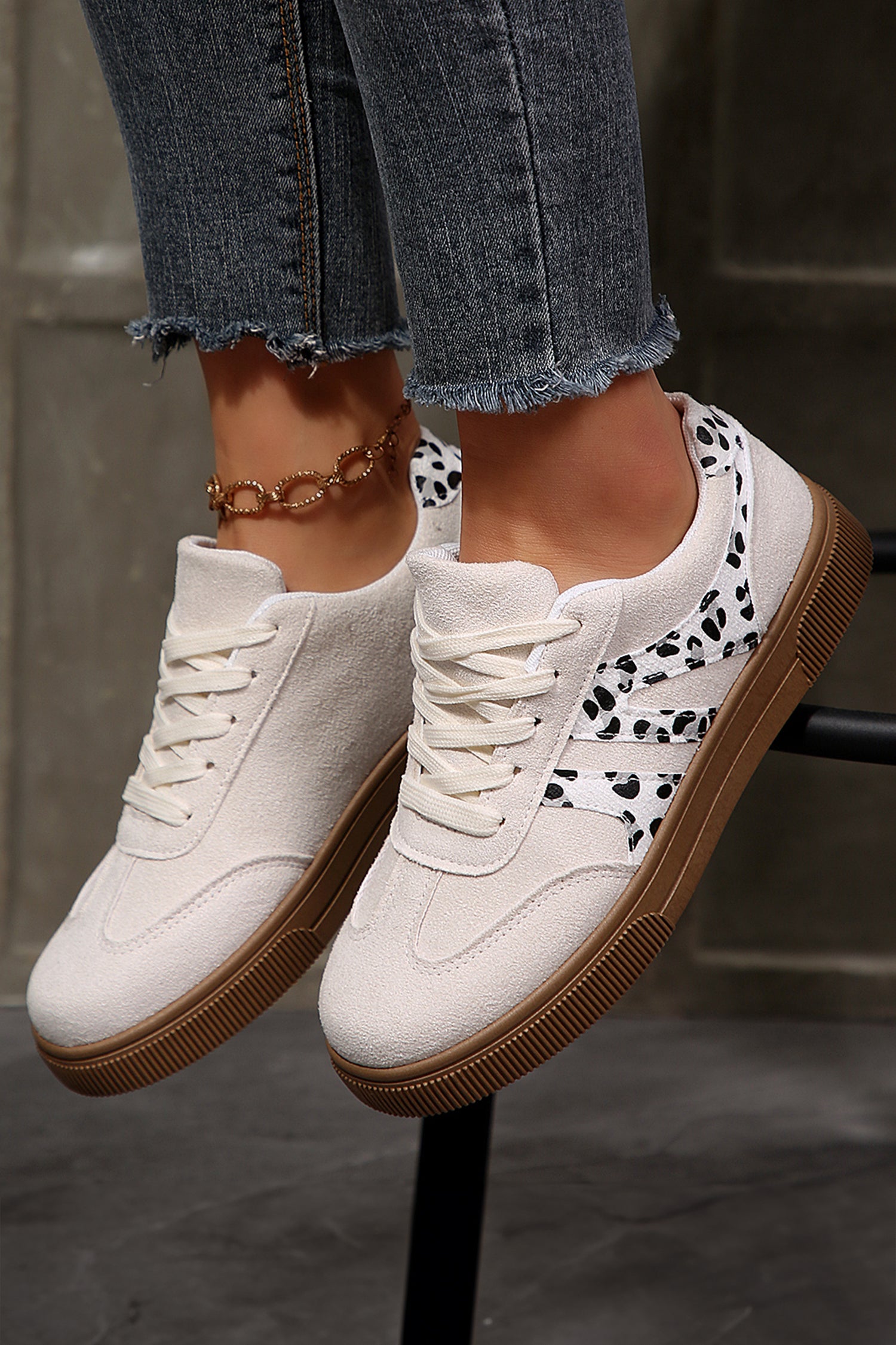 White Suede Leopard Color Block Trim Lace Up Casual Shoes