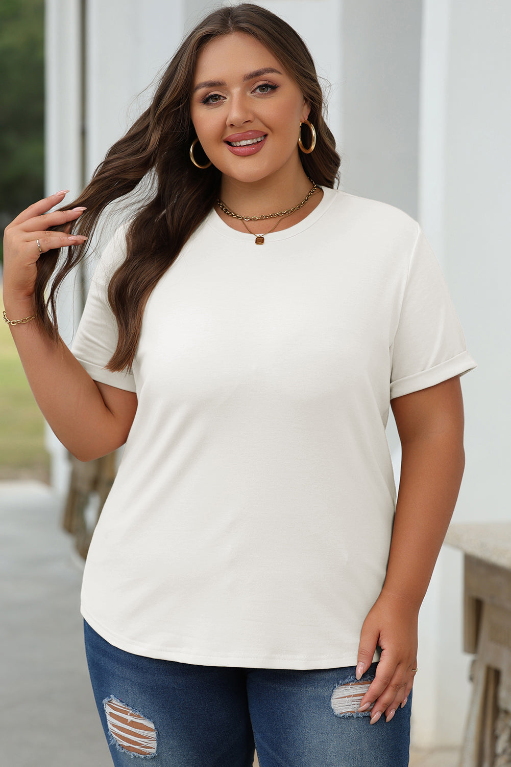 Orchid Petal Casual Plain Crew Neck Tee