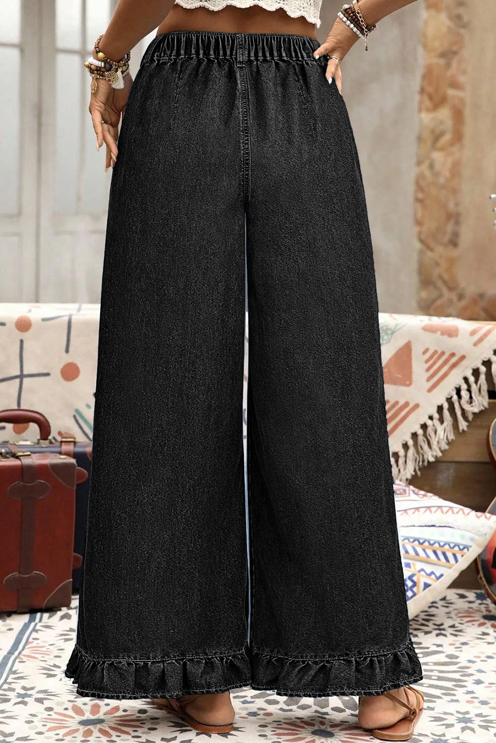 Dirty blue Plus Size Elastic Waist Ruffled Wide Leg Denim Pants