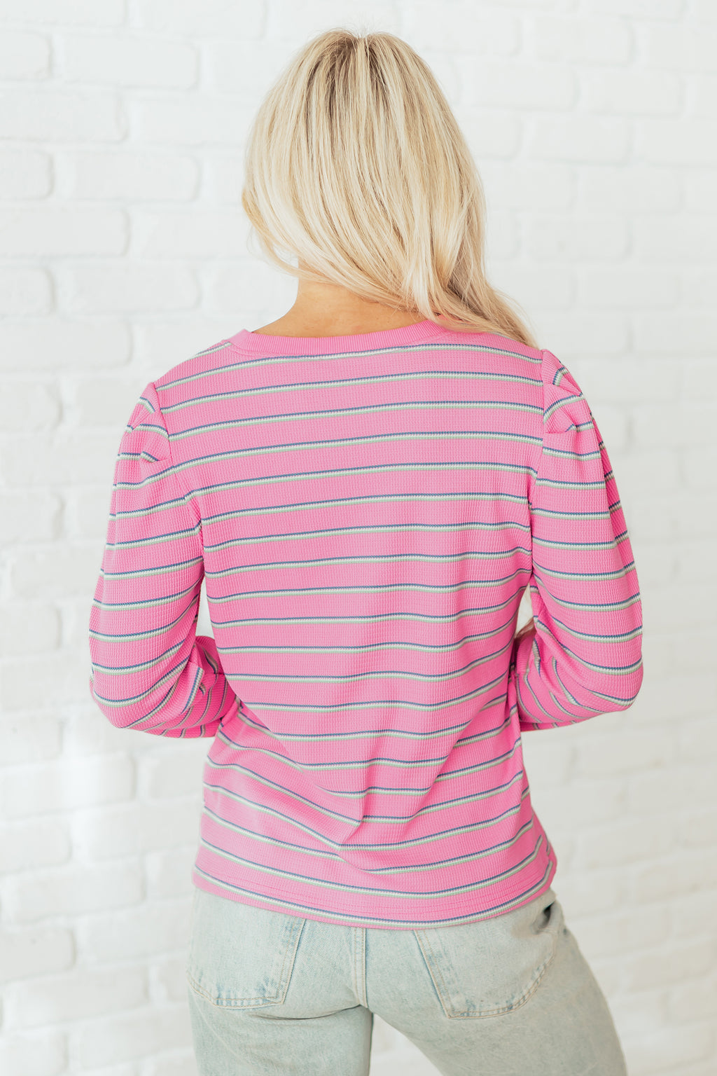 Rose Stripe Textured Knit Round Neck Long Sleeve Top