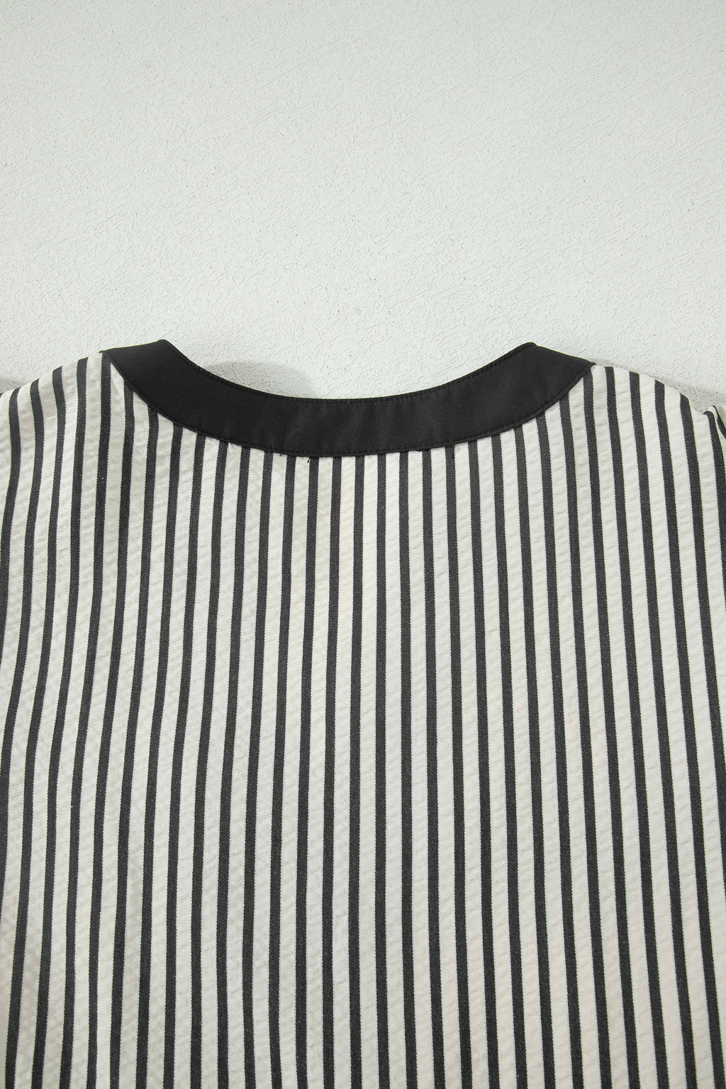 Black Stripe Double Ruffled Short Sleeve V Neck Blouse