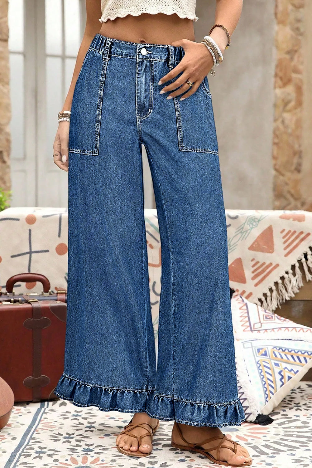 Dirty blue Plus Size Elastic Waist Ruffled Wide Leg Denim Pants