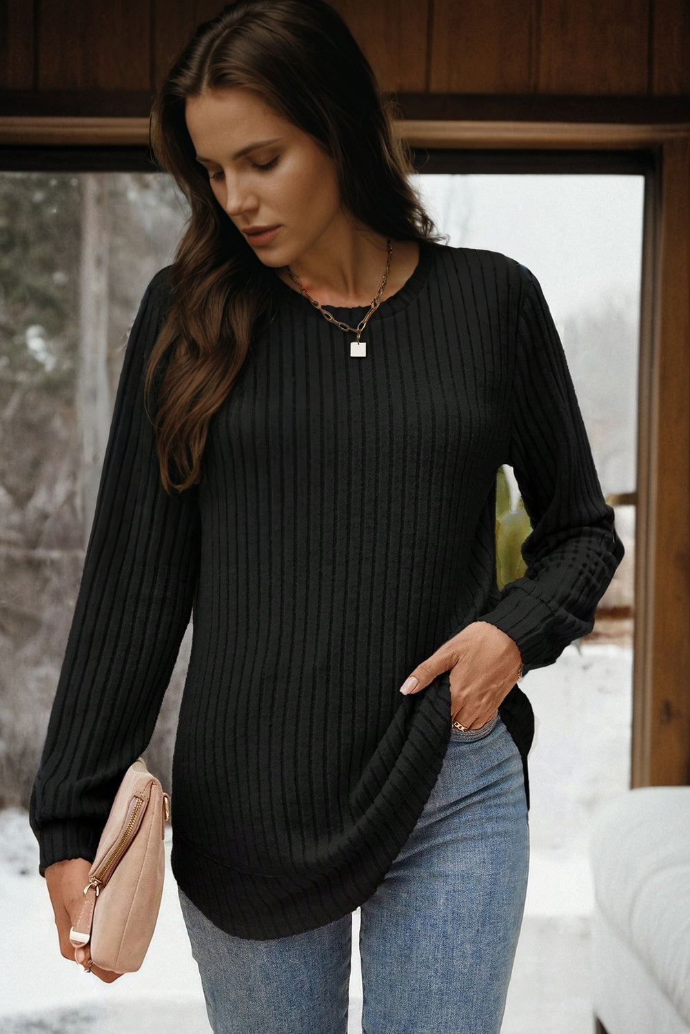 White Ribbed Texture Round Neck Long Sleeve Rounded Hem Knit Top