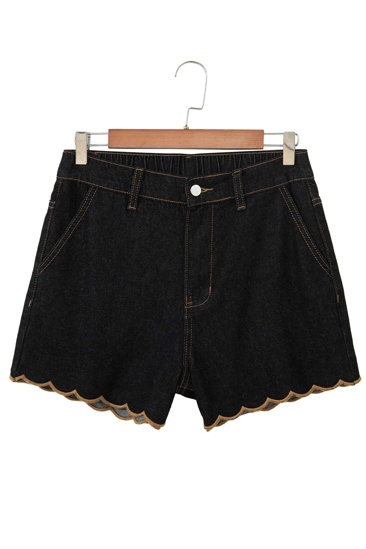 Navy Blue Embroidered Scalloped Trim Relaxed Denim Shorts