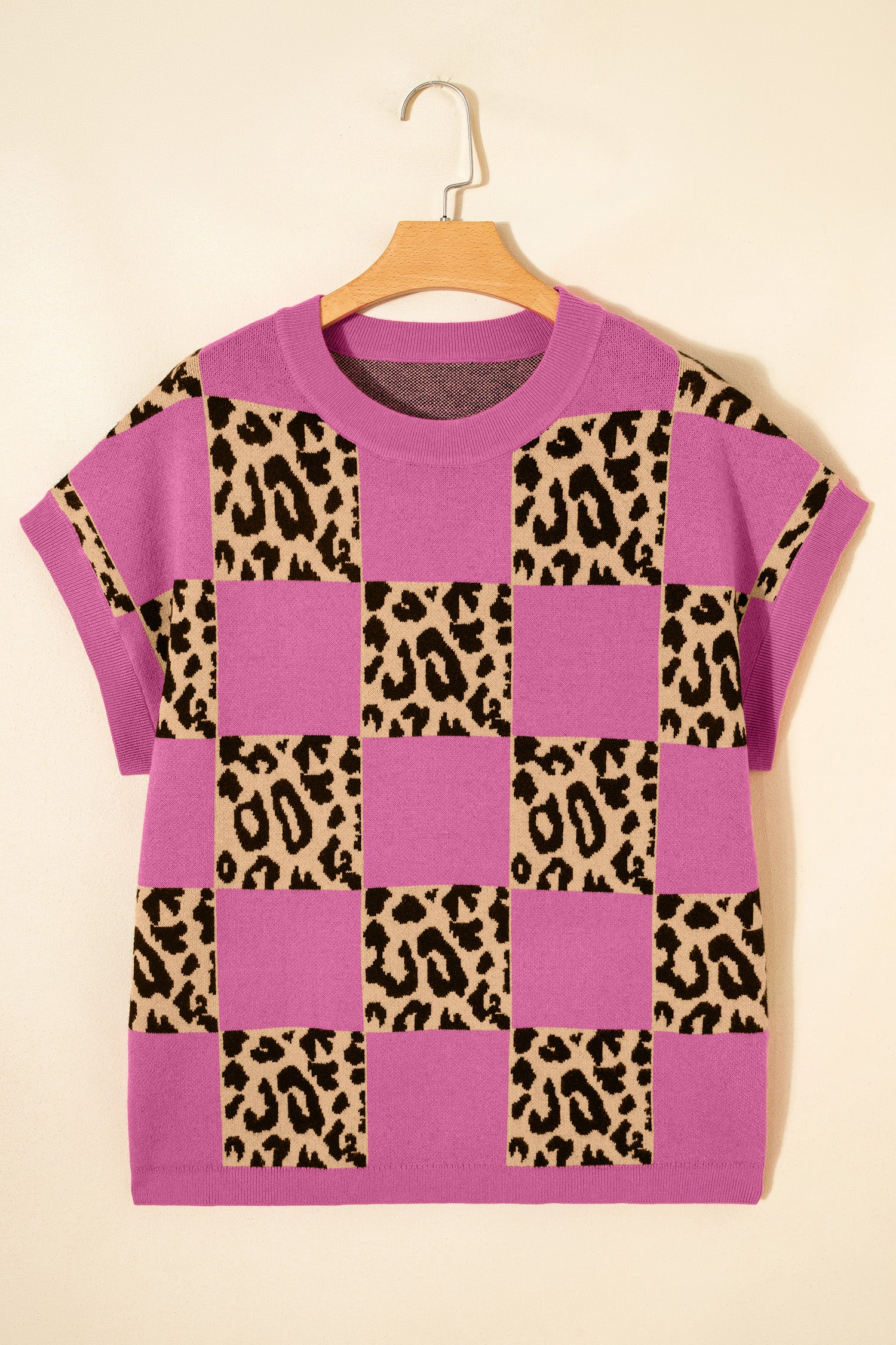 Green Leopard Checkerboard Short Sleeve Knit Sweater