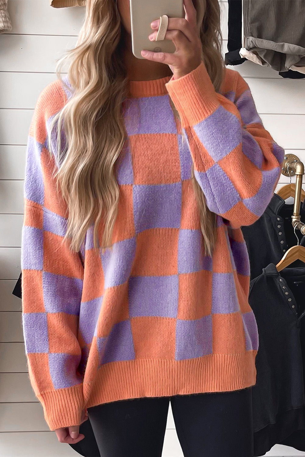 Parchment Checkered Pattern Ribbed Trim Knit Baggy Sweater