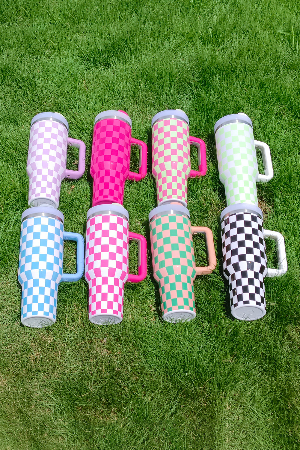 Bright Pink Checkered Print Handled Stainless Steel Tumbler Cup 40oz