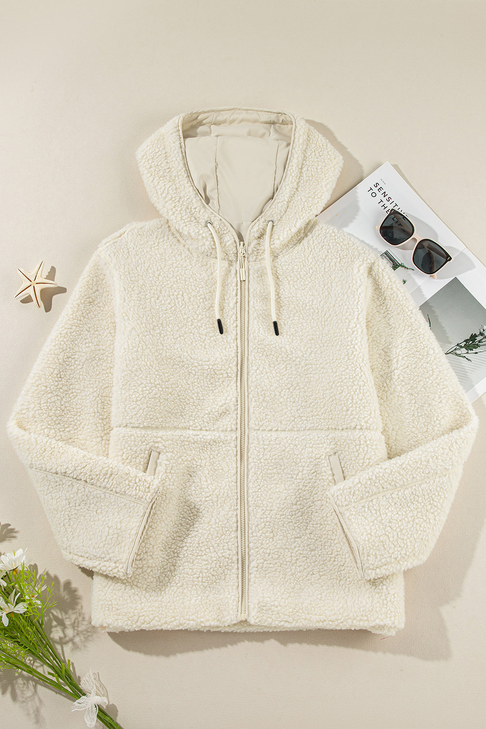 Beige Fleece Zip-up Drawstring Hooded Pocketed Jacket