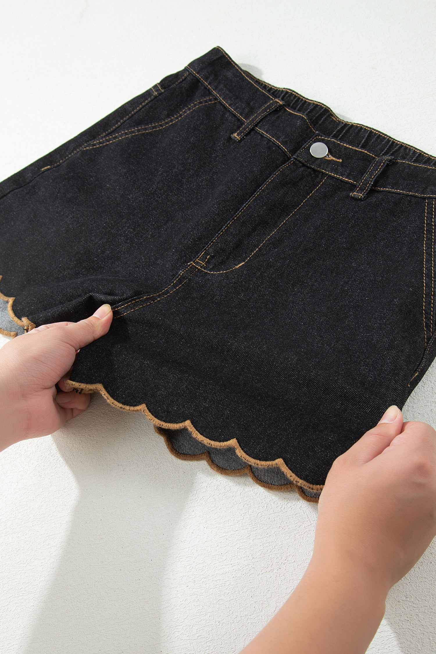 Navy Blue Embroidered Scalloped Trim Relaxed Denim Shorts