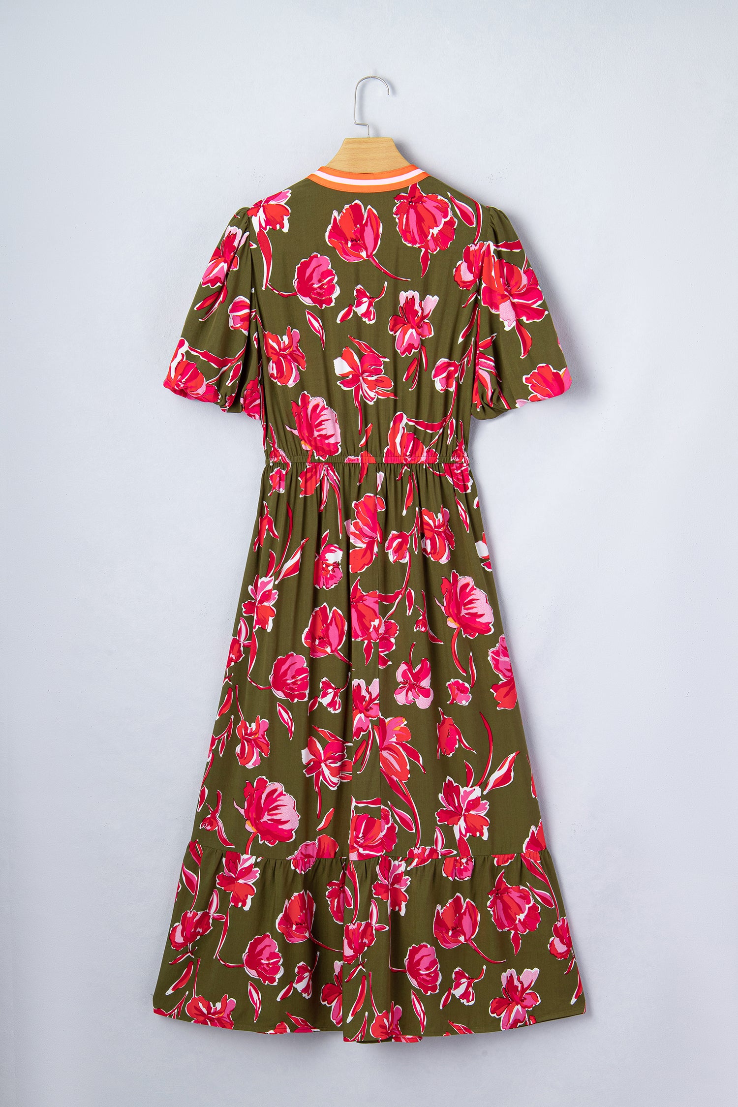 Green Floral Print Striped Trim Split Neck Short Puff Sleeve Ruffle Hem Maxi Dress