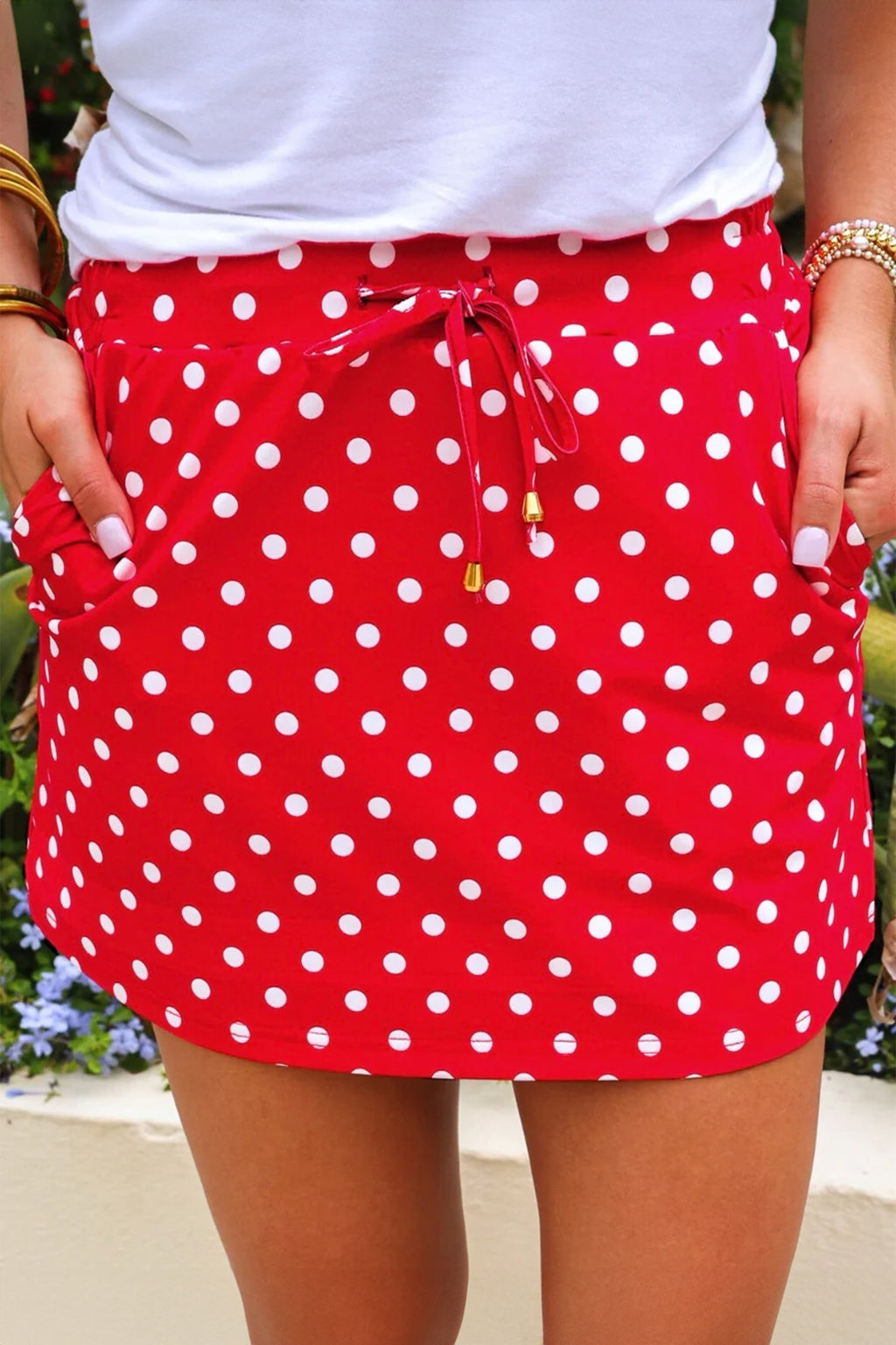 Black Polka Dot Drawstring Casual Mini Skort