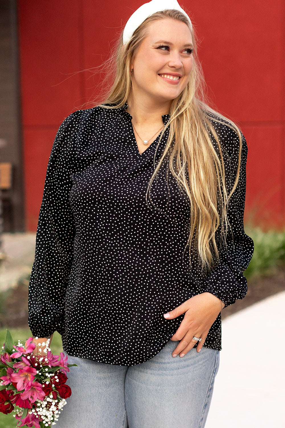 Black Plus Size Polka Dot Print Notch V Neck Blouse