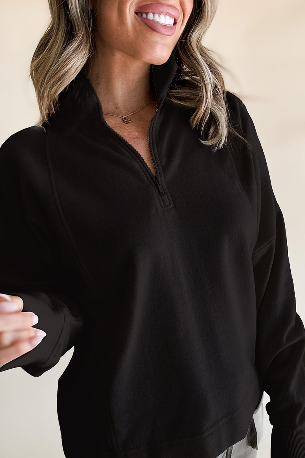 Fushia Zipped Neck Pullover Drop Shoulder Sweatshirt