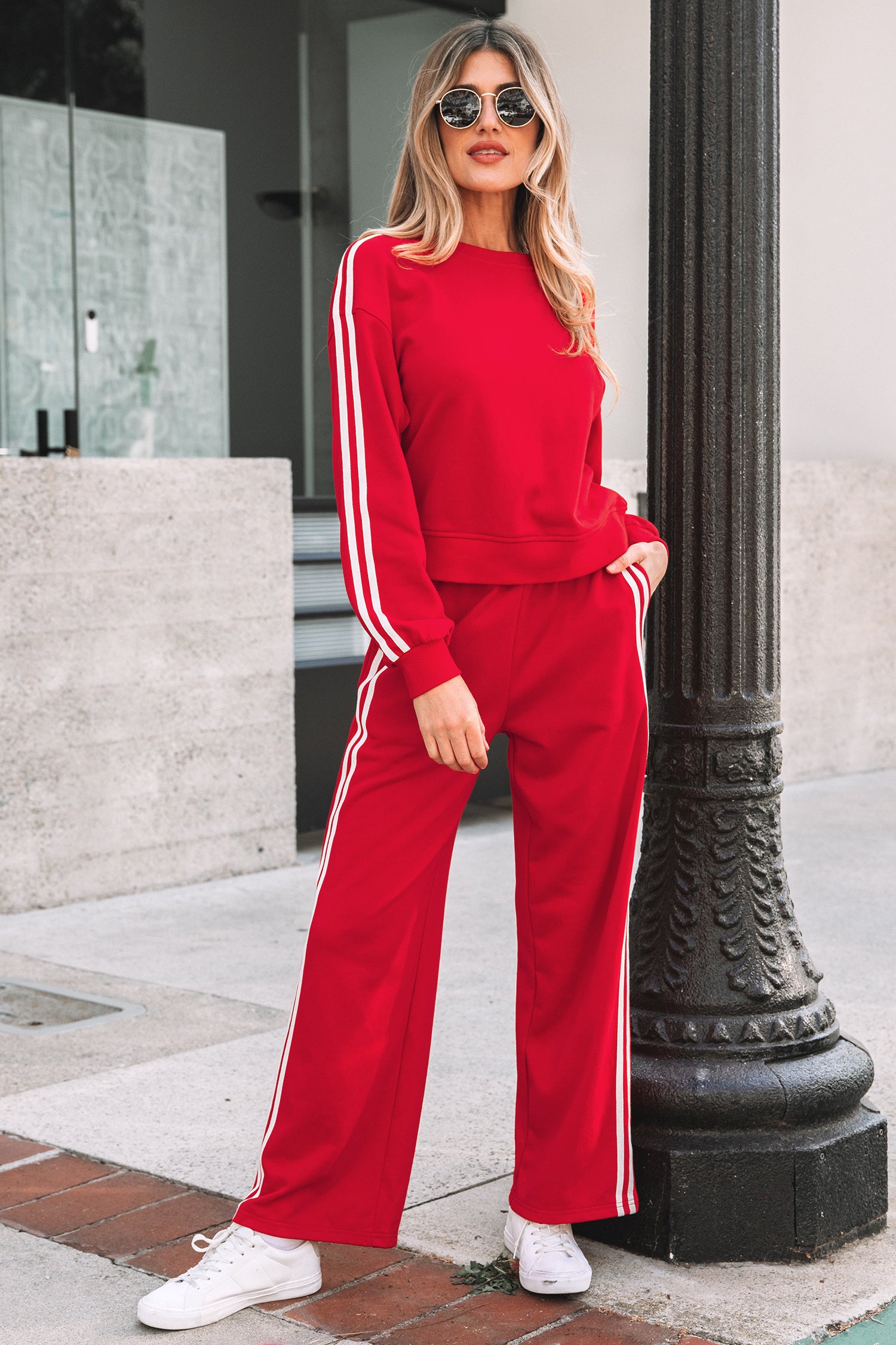 Gray Morn Varsity Striped Detail Crewneck Pullover Elastic Sweatpants 2pcs Outfit