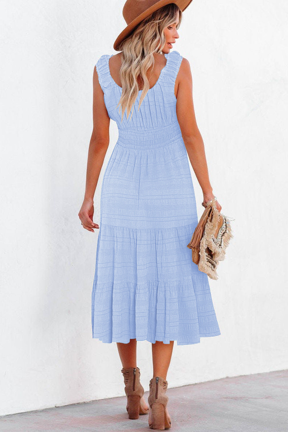 Green Shirred Pleated Square Neck Sleeveless Midi Dress