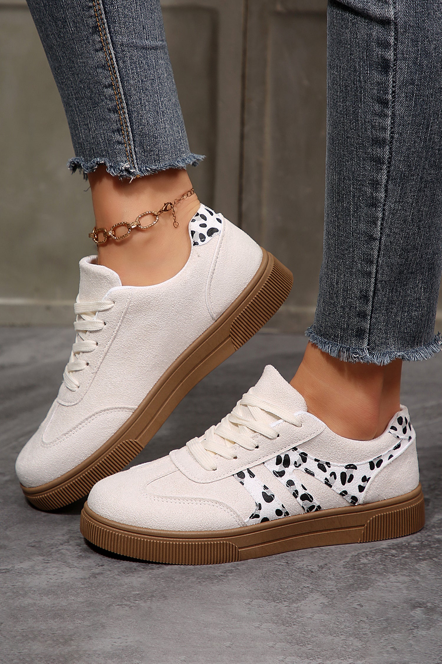 White Suede Leopard Color Block Trim Lace Up Casual Shoes