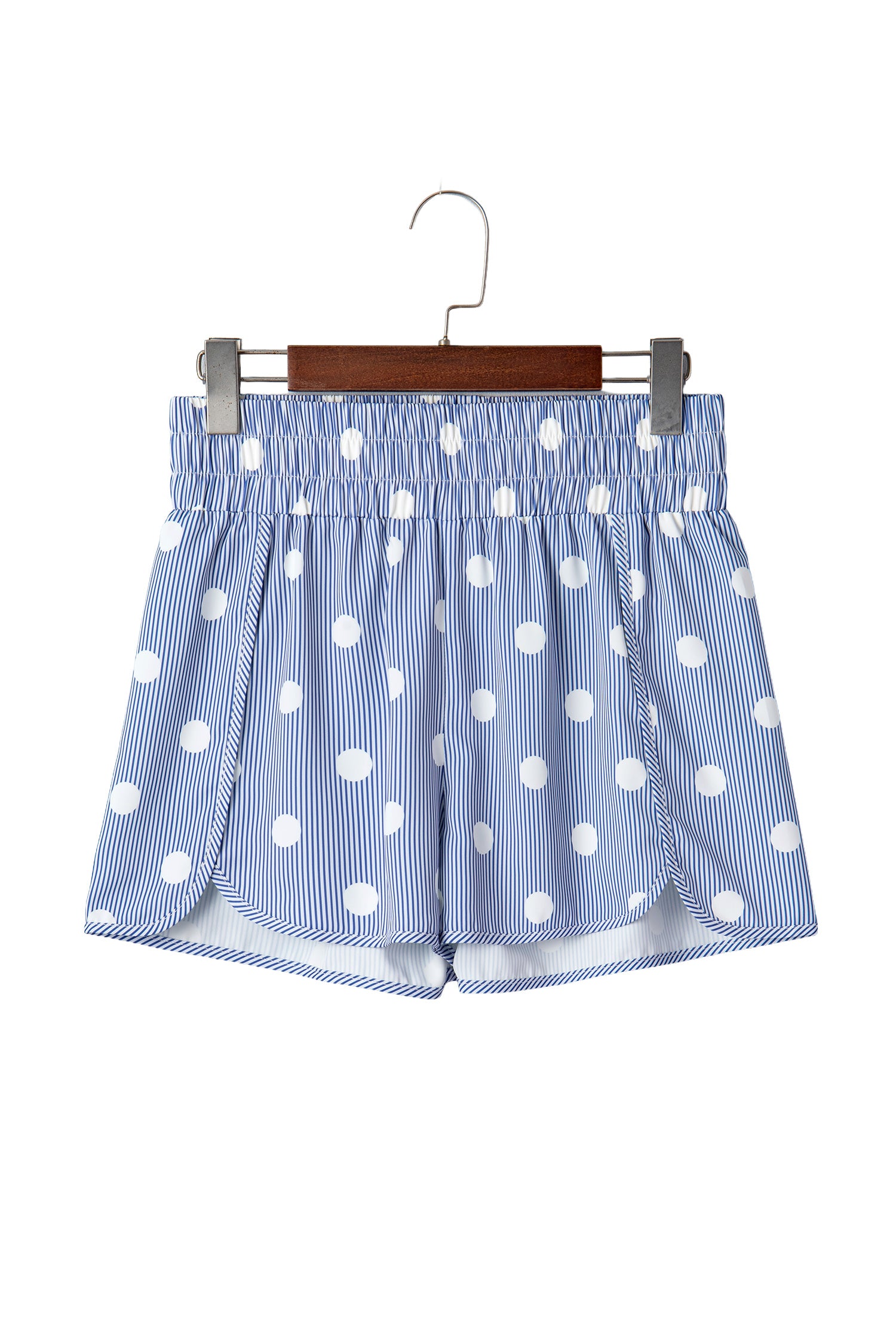 Sky Blue Polka Dot Print Shirred High Waist Casual Shorts