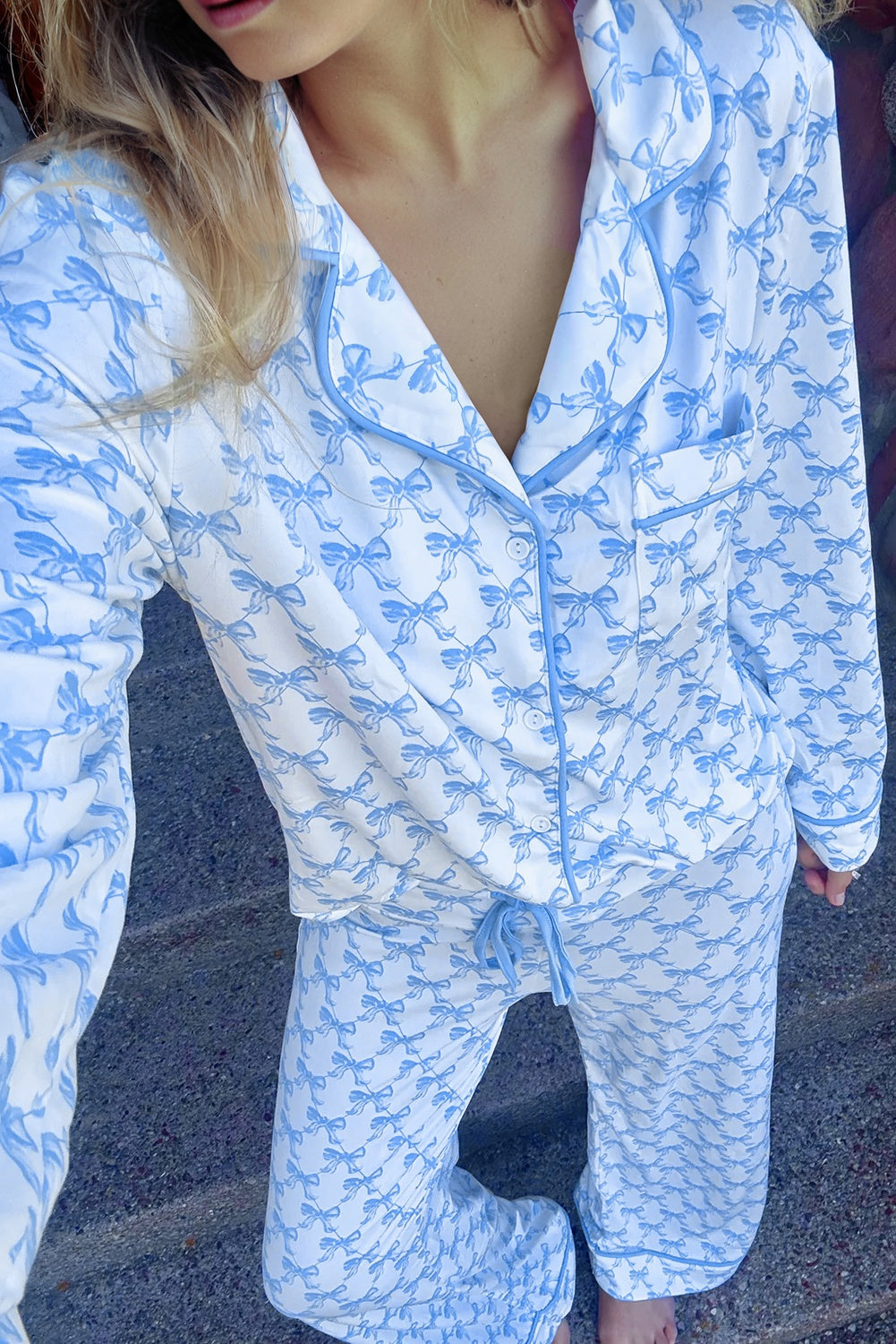 Pink Bow Print Long Sleeve Shirt and Pants Soft Pajama Set