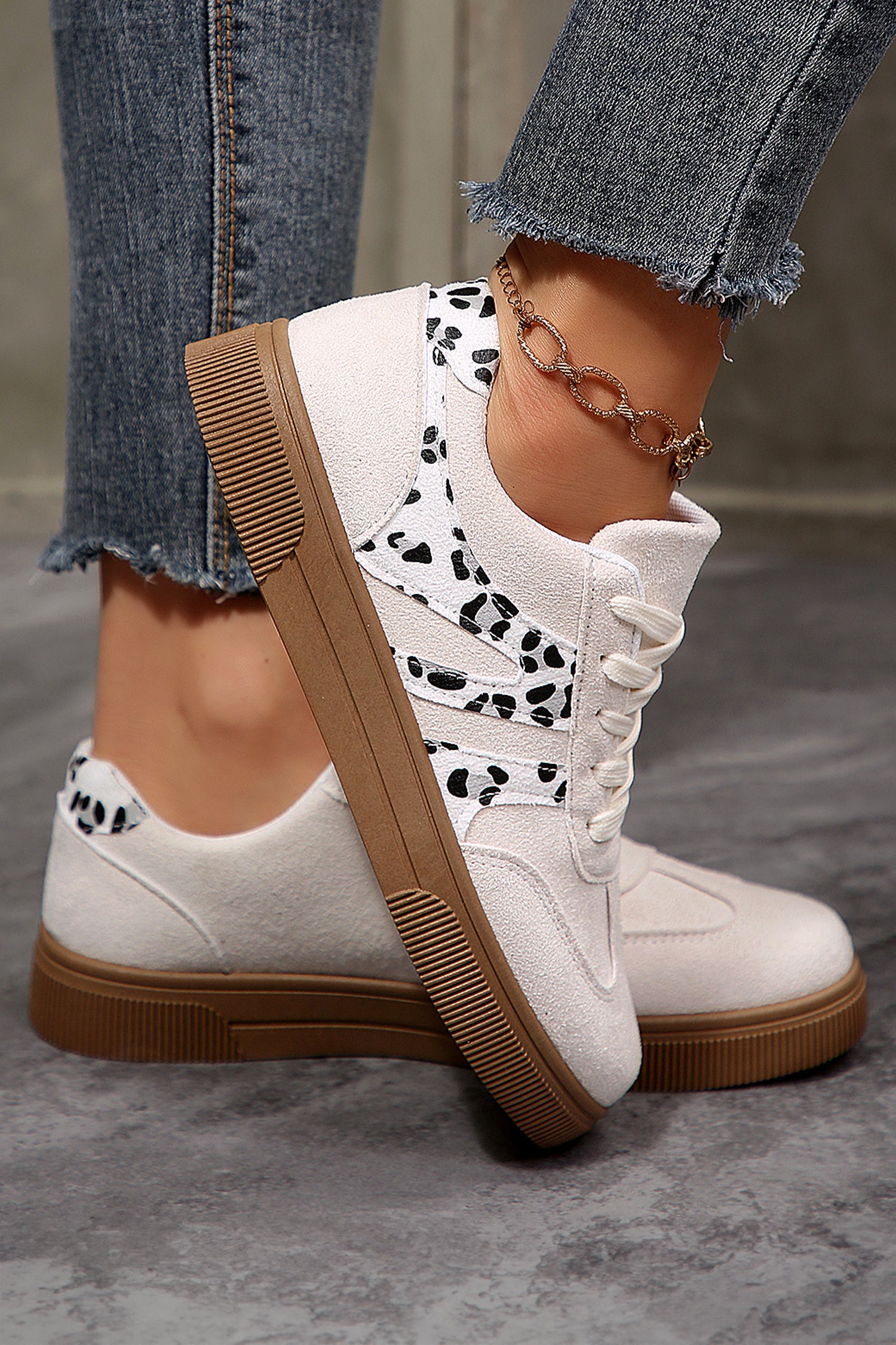 White Suede Leopard Color Block Trim Lace Up Casual Shoes