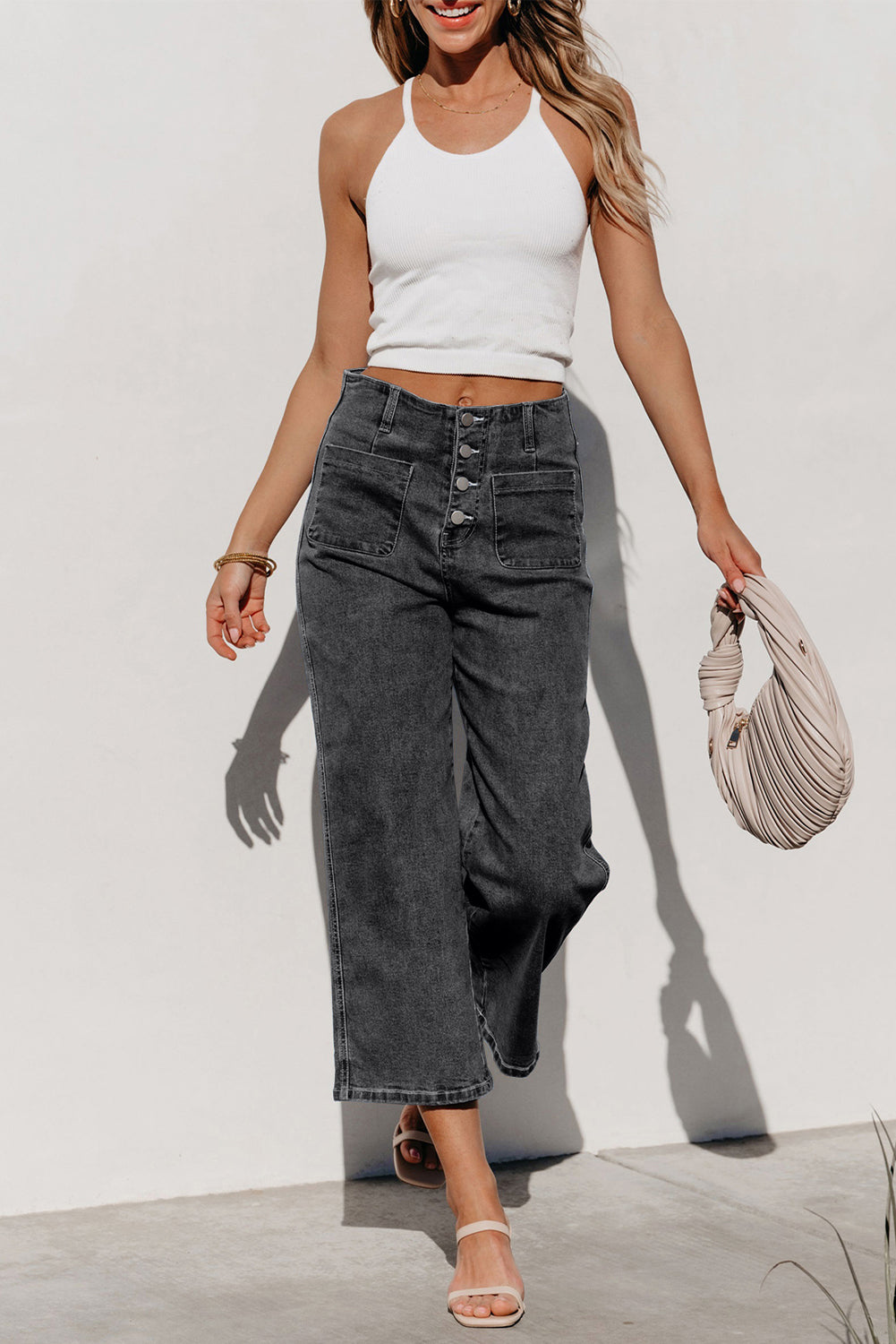 Sail Blue High Waist Button Front Wide Leg Cropped Jeans