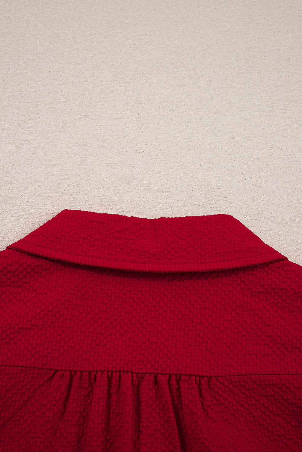 Fiery Red Collar V Neck Leopard Contrasted Trim Textured Blouse