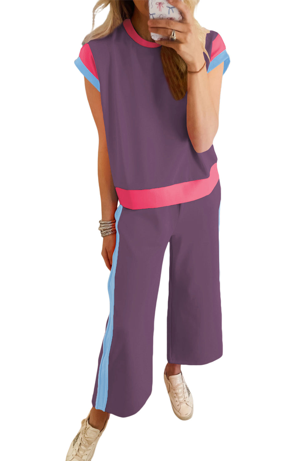Navy Blue Color Block Detail Casual Two-piece Set