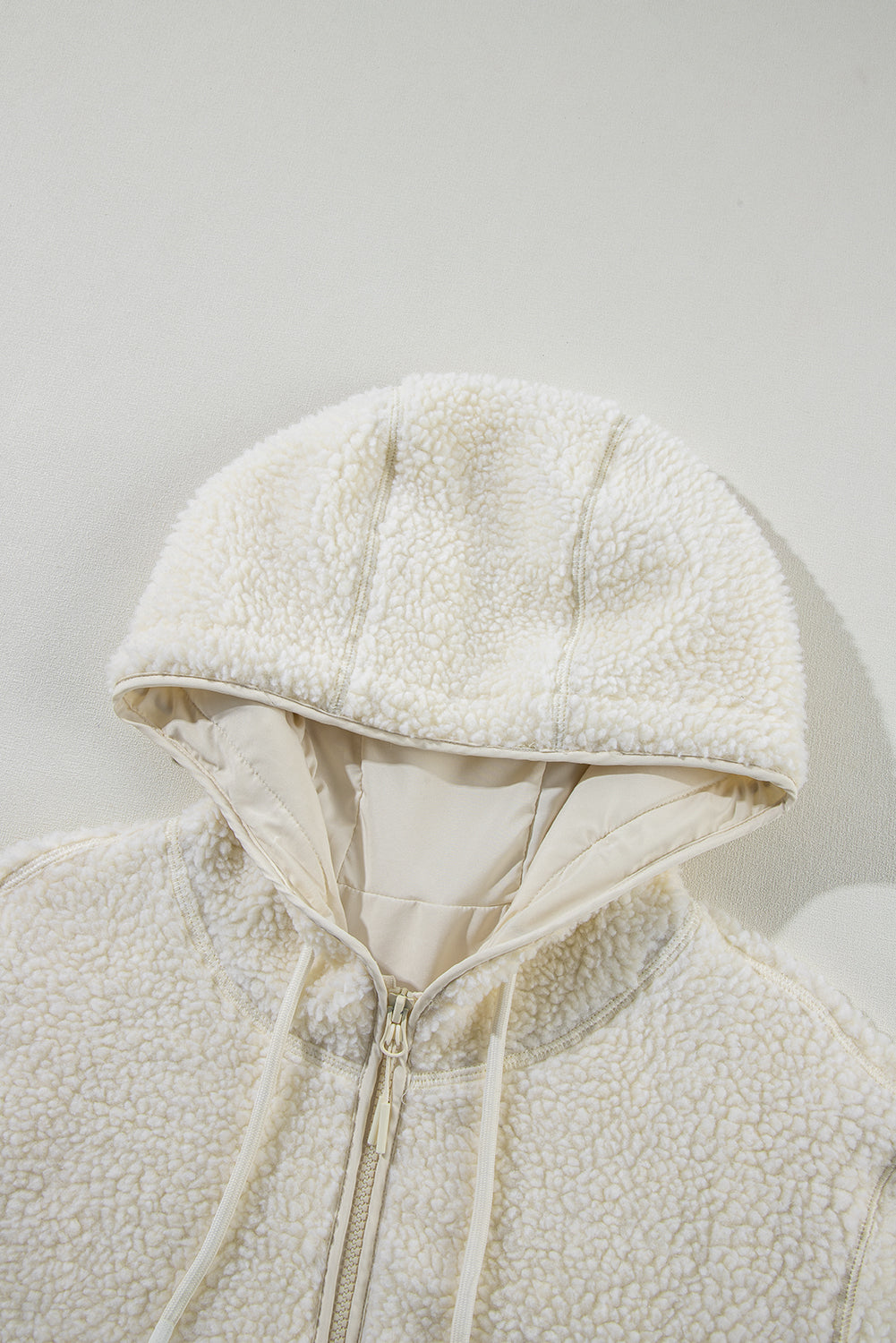 Beige Fleece Zip-up Drawstring Hooded Pocketed Jacket