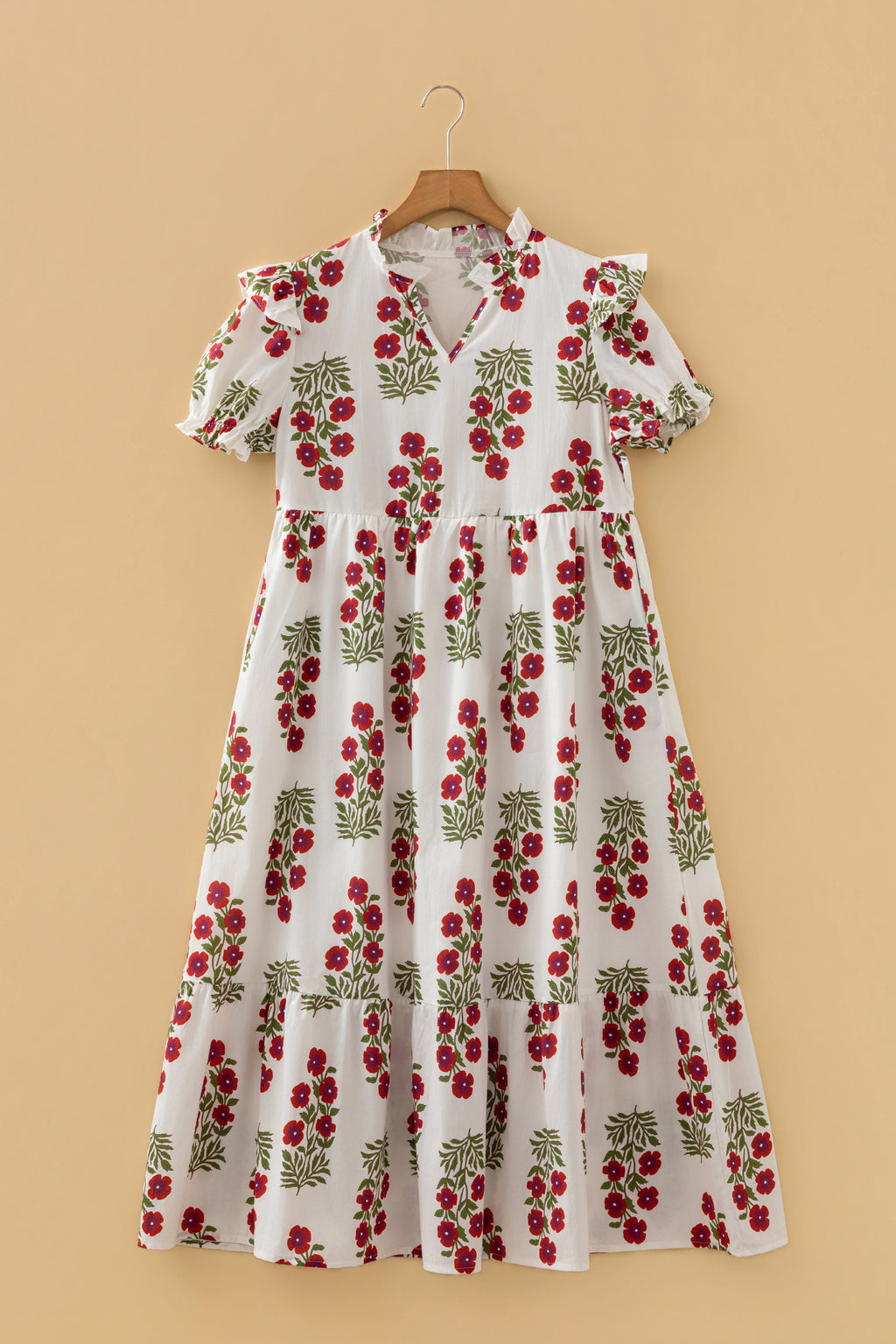 White Floral Print V Neck 3/4 Sleeve Loose Mini Dress