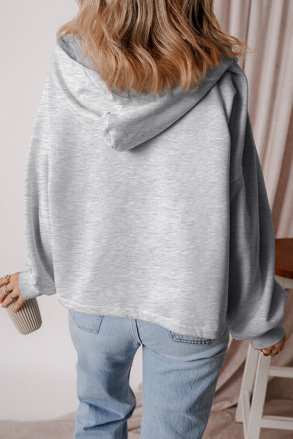 Black Fleece Lined Half Zipper Kangaroo Pockets Loose Hoodie